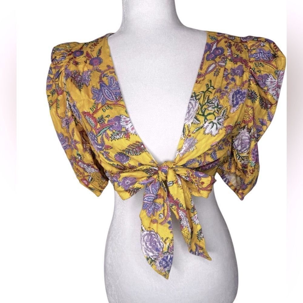 NWT HEMANT and NANDITA Dhea Crop Top Tie-Front Canary Yellow Boho Floral Medium - Picture 5 of 12